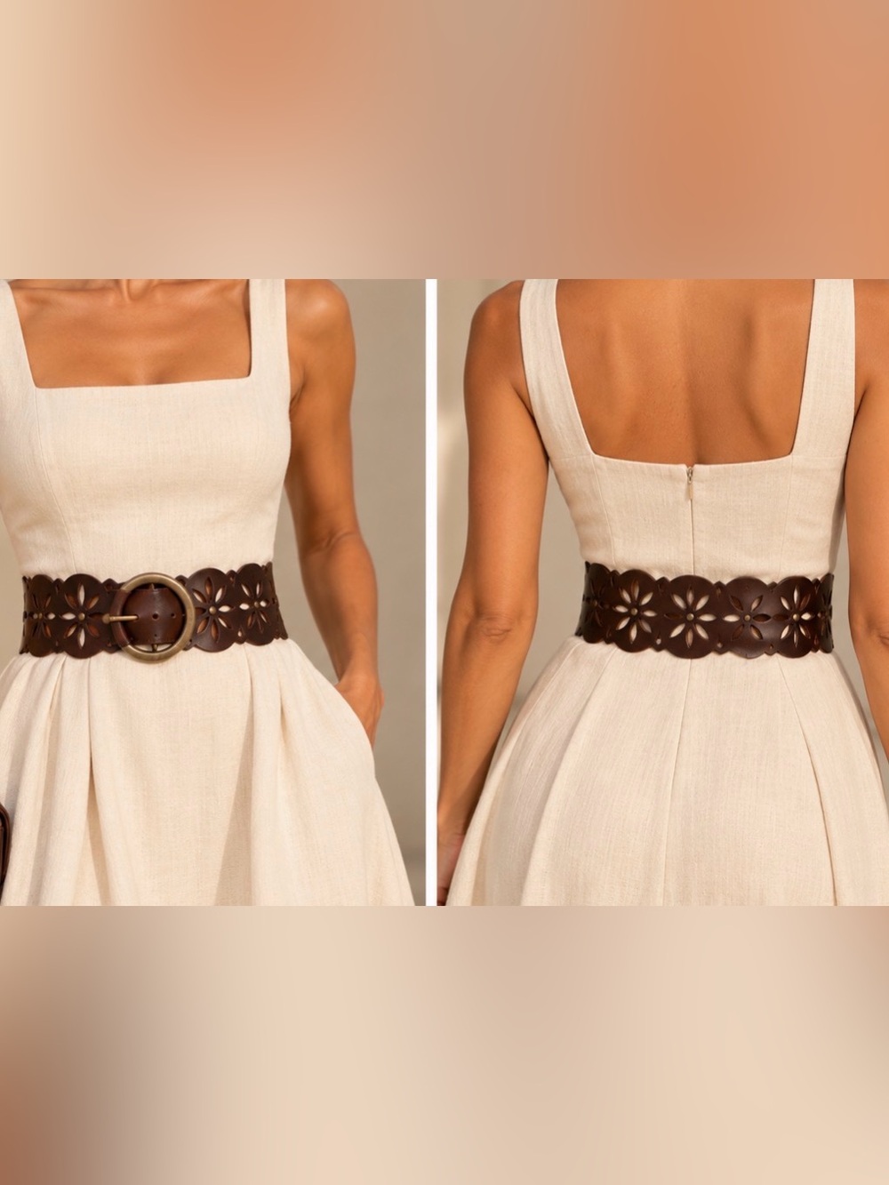 Brown Leather Floral Cutout Wide Statement Belt Oversized Buckle